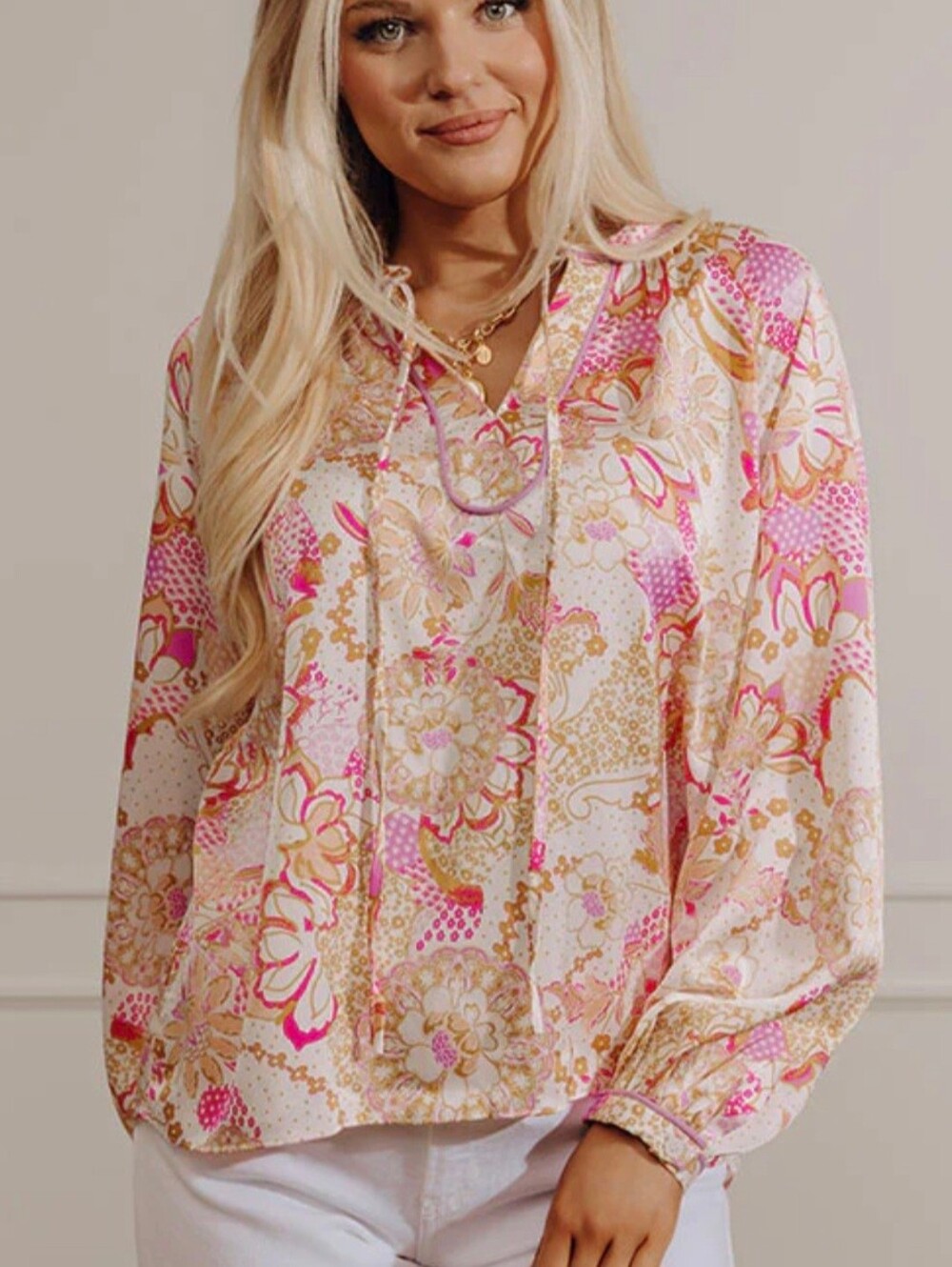 Avara Tie Neck Tunic Top White Pink Paisley Floral Bohemian Blouse Shirt Large